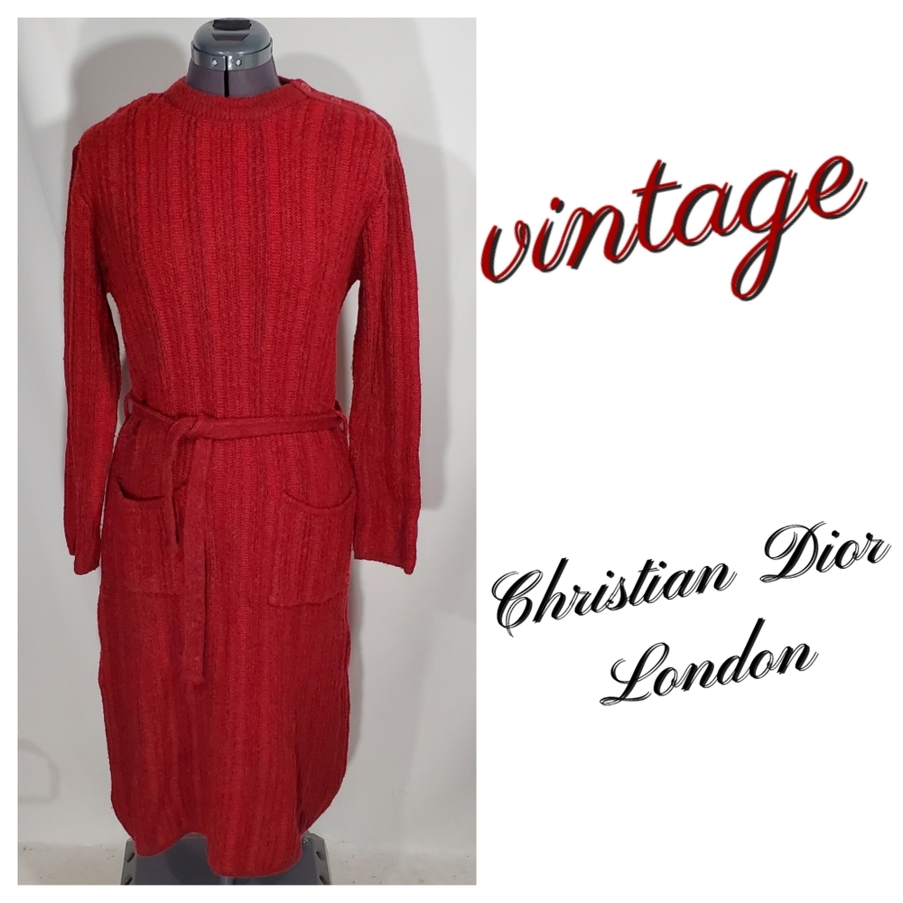 Vintage 1970s Christian Dior London Sweater Dress Sz 10 Red